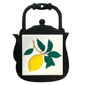 Vintage 1960s Cast Iron Trivet Teapot Shaped Lemon Ceramic Tile Wall Hanging